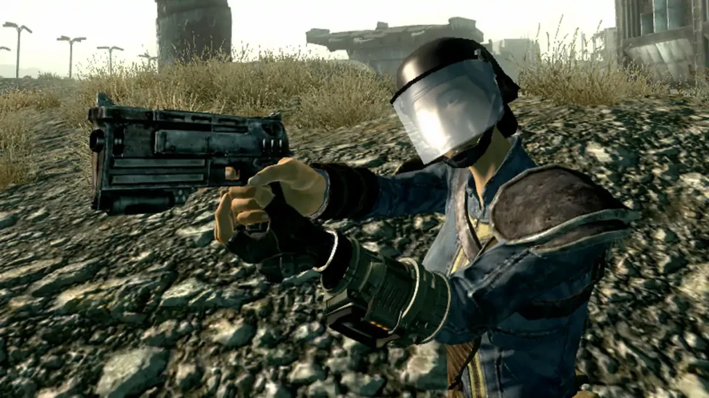 Fallout 3 Min/Max Build - Player character aiming gun to the side of the camera.