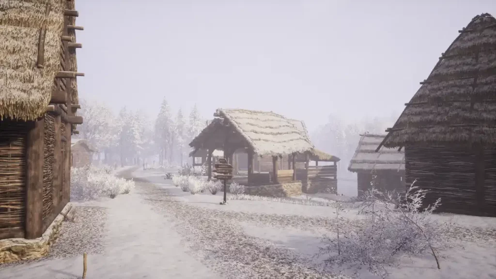 Medieval Dynasty Winter Tips: Village covered in snow during the Winter season.