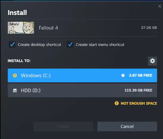 Selecting a drive to install Fallout 4